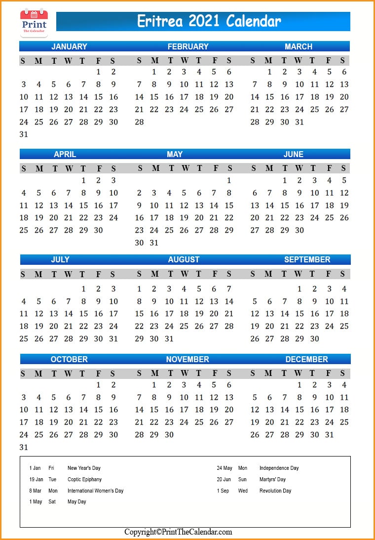Eritrea Calendar 2021